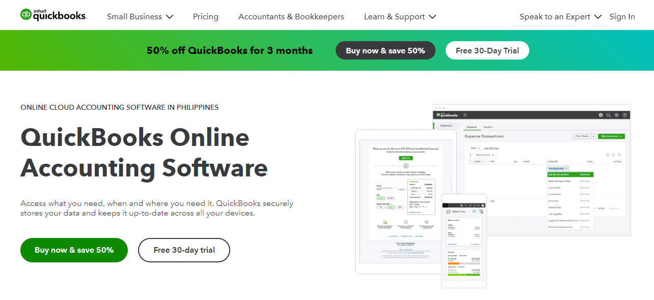 A screenshot of the QuickBooks Online website home page.