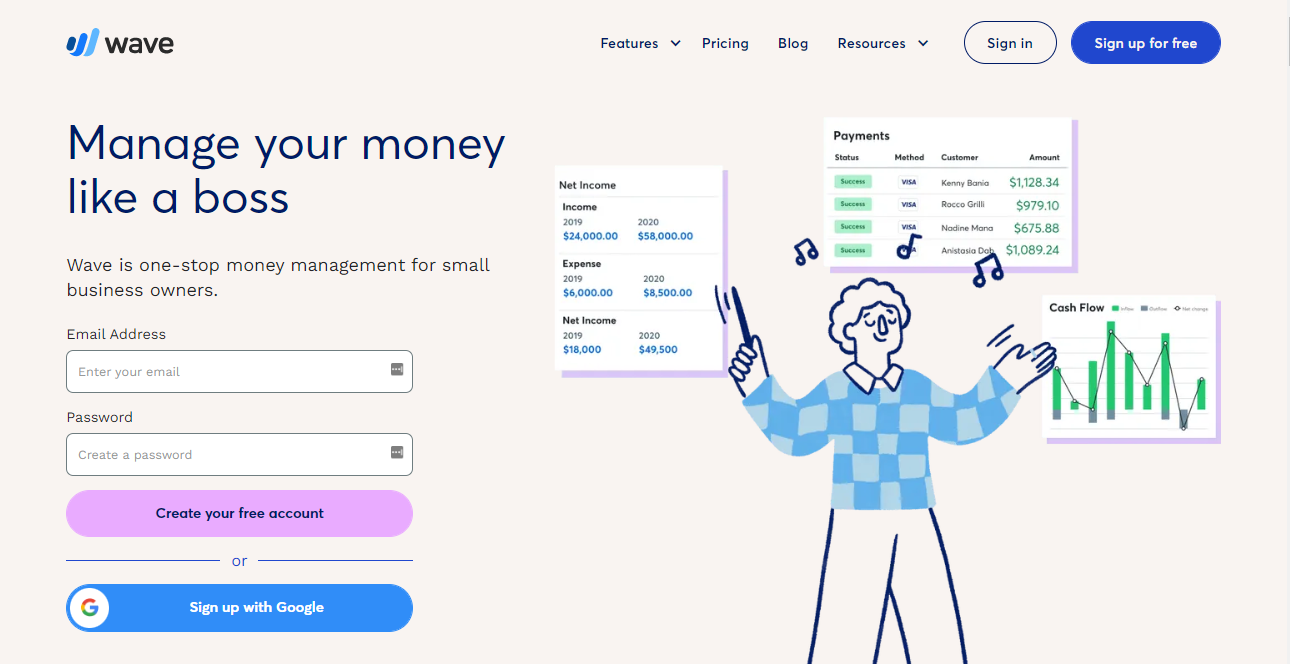 A screenshot of the Wave accounting software website home page.