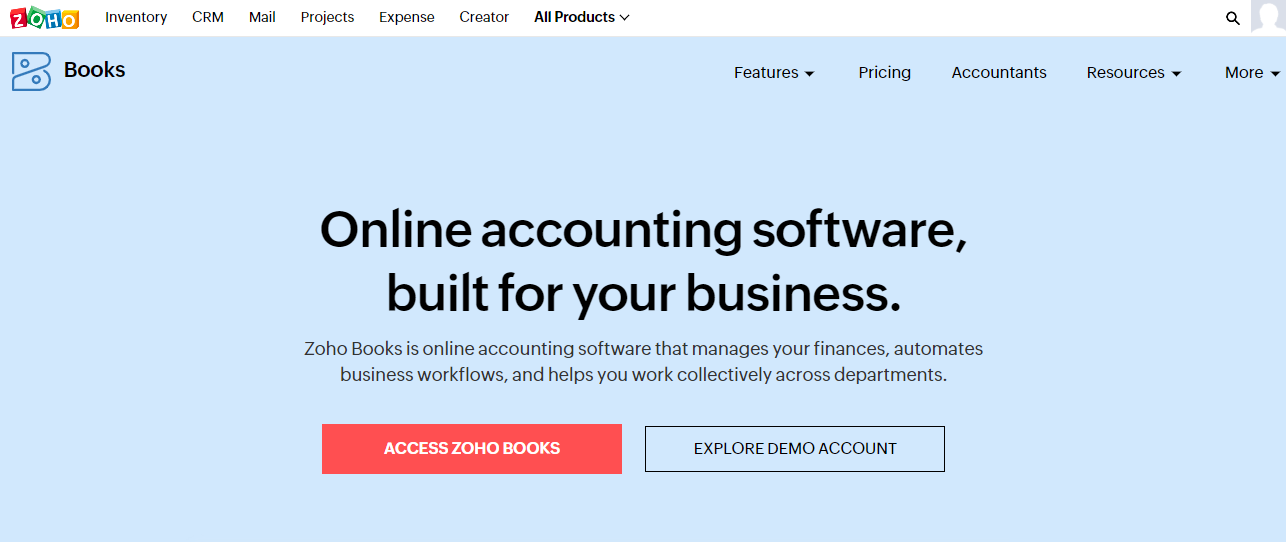 A screenshot of the Zoho Books accounting software website home page.