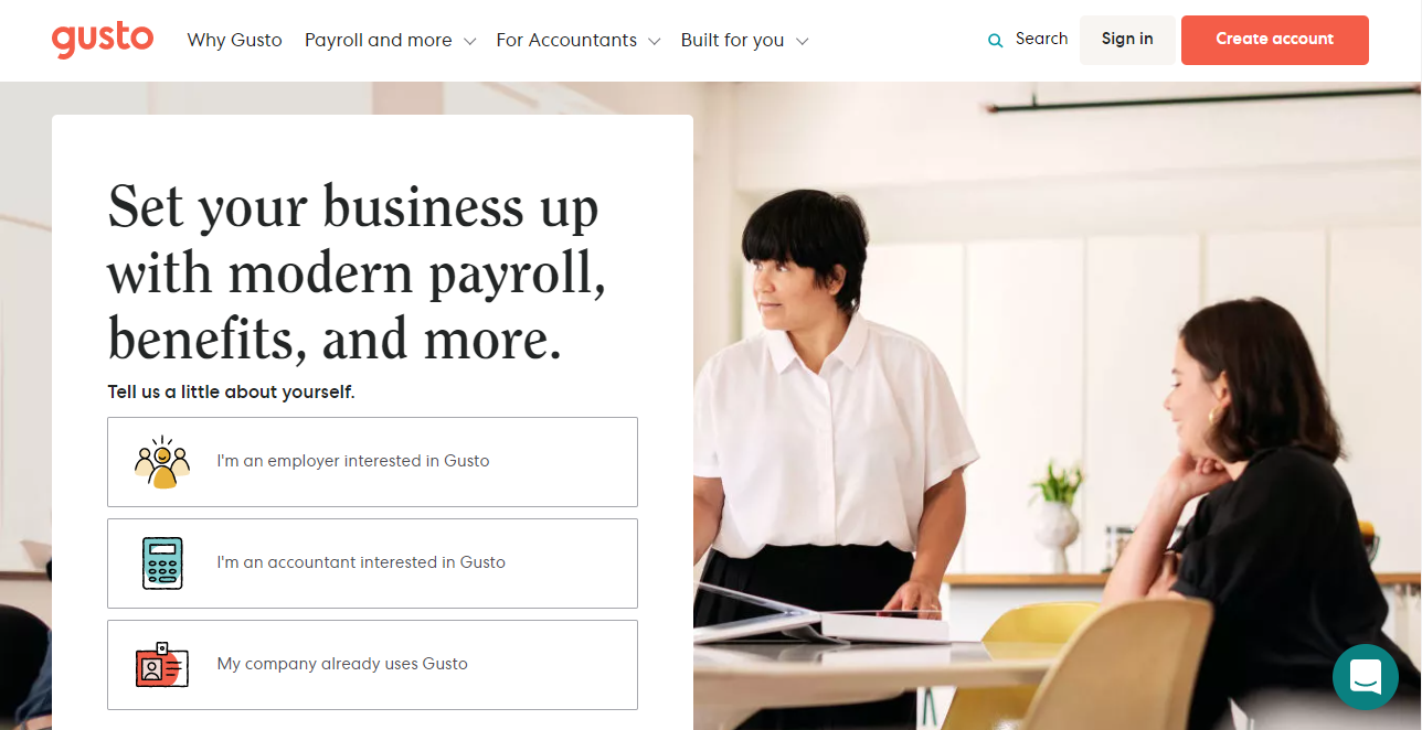 A screenshot of the Gusto online payroll software for small businesses website home page.