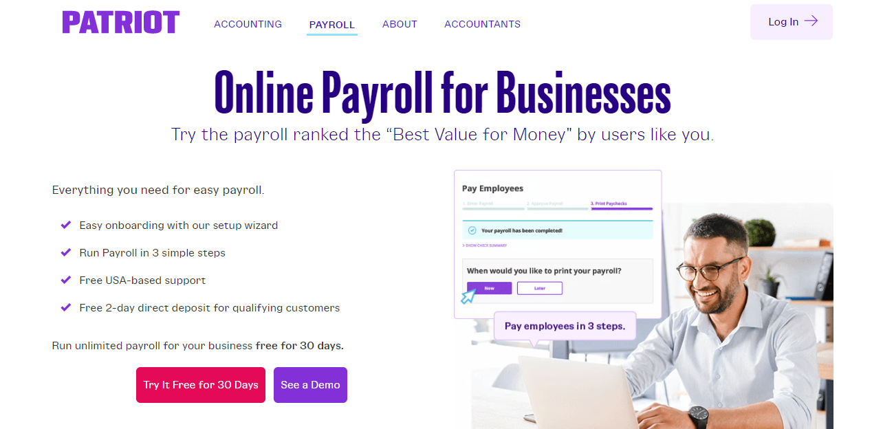 A screenshot of the Patriot online payroll software for small businesses website home page.