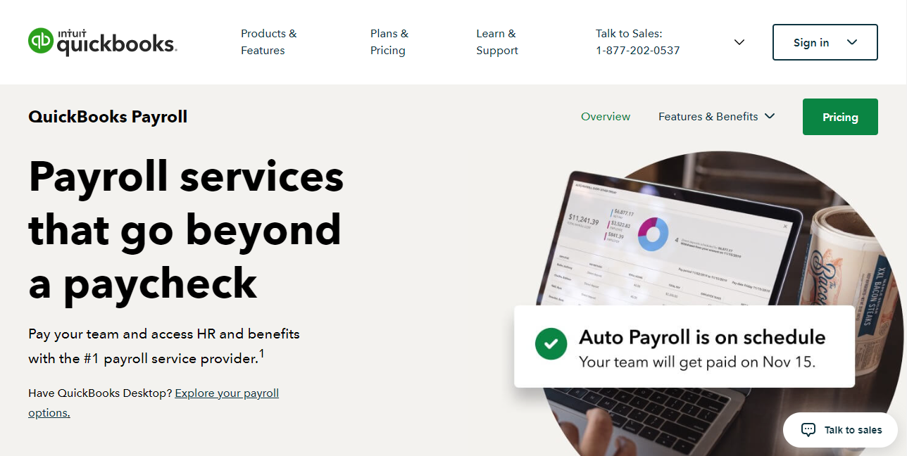 A screenshot of the QuickBooks online Payroll software for small businesses website home page.