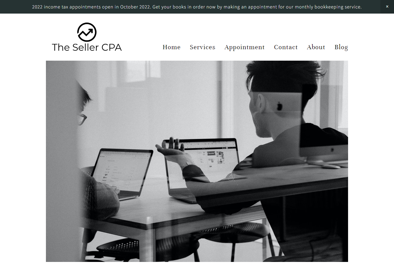 A screenshot of the Seller CPA website home page.