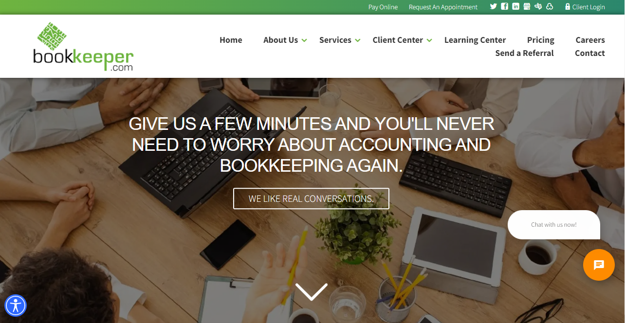 A screenshot of the Bookkeeper website home page.