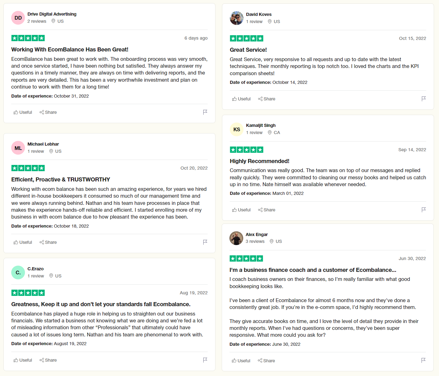 A screenshot of TrustPilot EcomBalance reviews.
