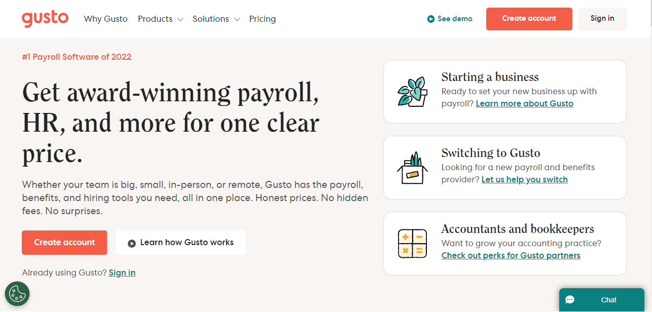 A screenshot of the Gusto payroll services website.