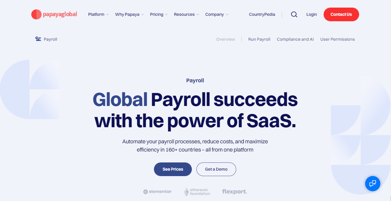 A screenshot of the Papaya Global payroll services website homepage.