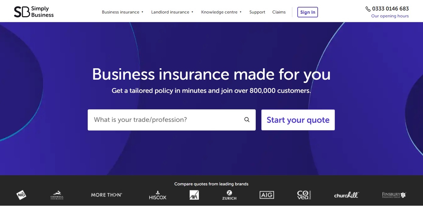 A screenshot of the Simply Business website homepage.