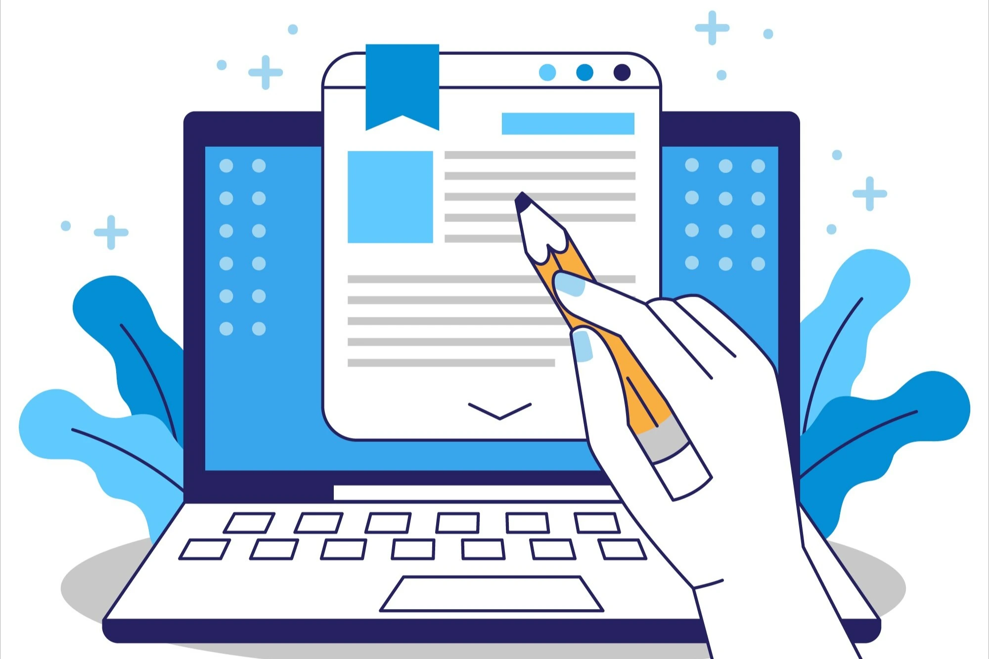 An infographic illustrating a document popping out of a laptop screen.