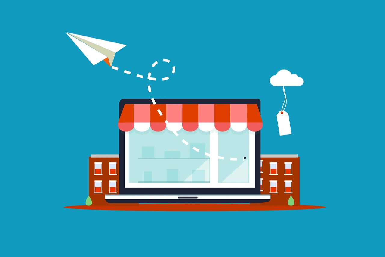 Infographic illustrating a laptop designed to look like a store front with miniature buildings behind it.